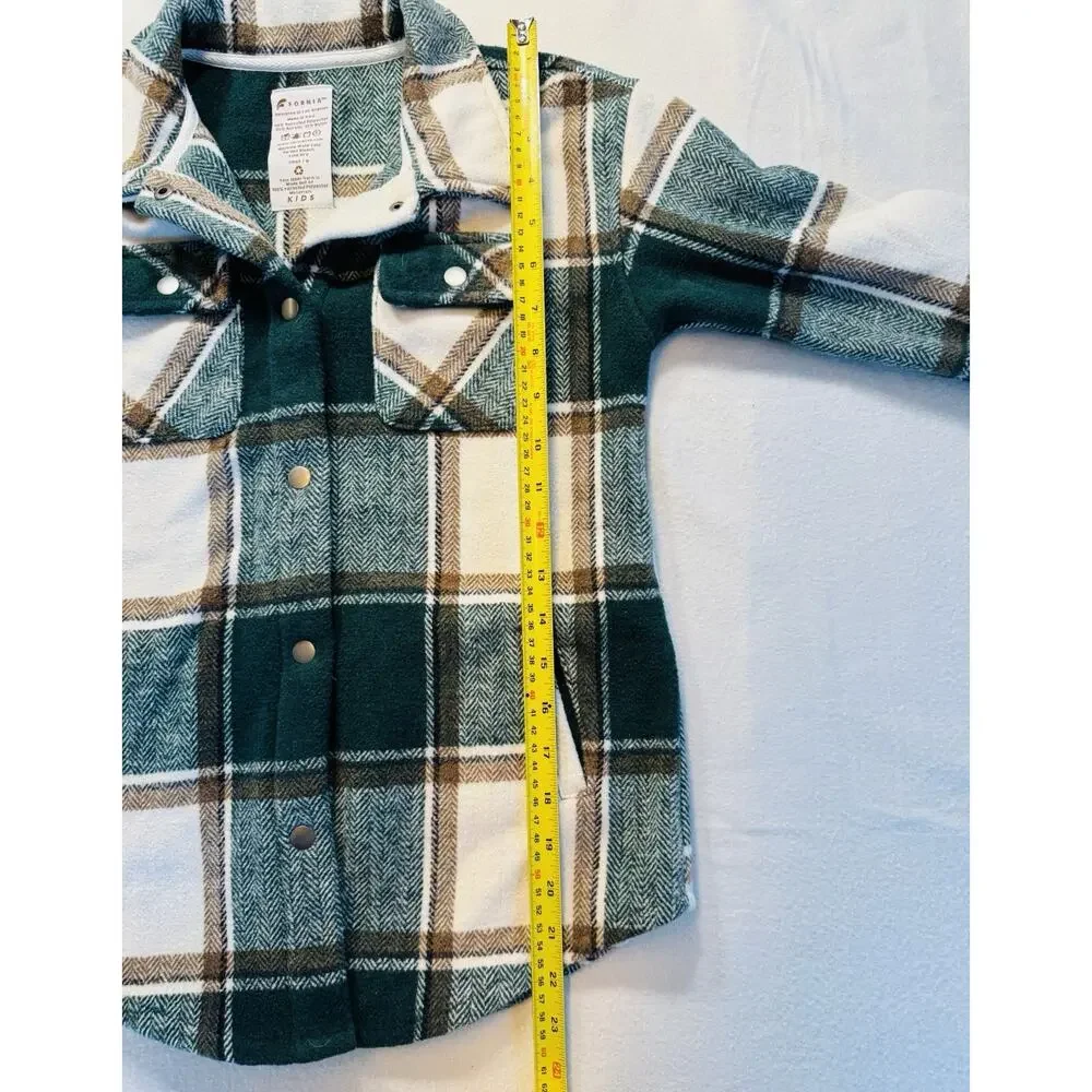 Fornia Kids Shacket Green Plaid Small /8 Snap Front‎ Shirt Jacket Fleece